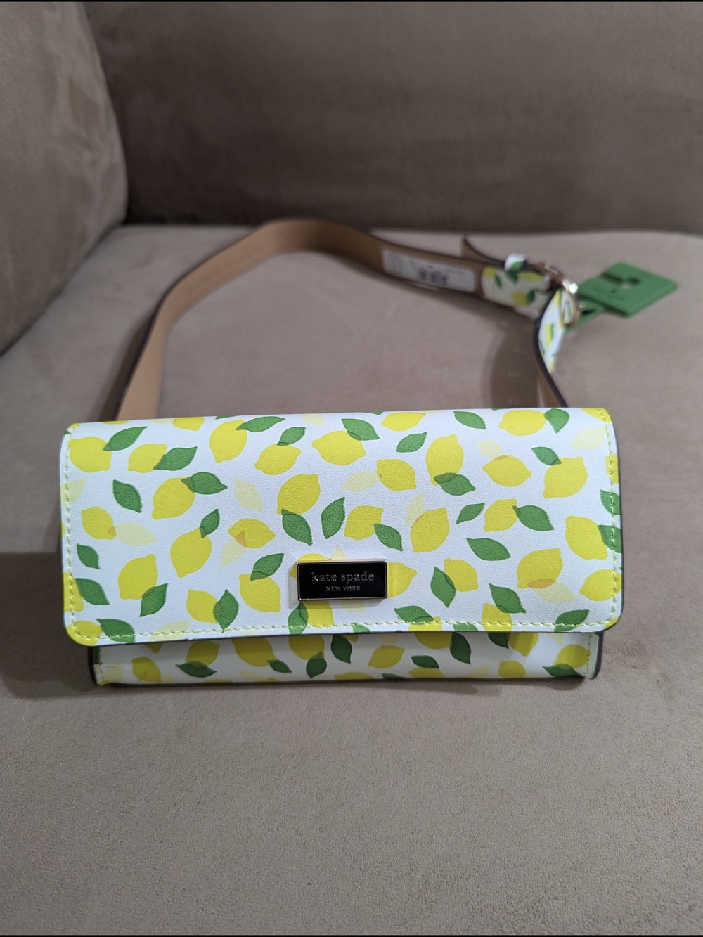 Kate Spade White Lemon Print Belt Bag with Green Leaves
